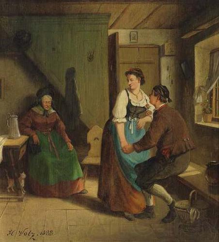 Hermann Volz Tandelndes junges Paar vor der sitzenden schlafenden Grobmutter in schwabischer Stube Germany oil painting art